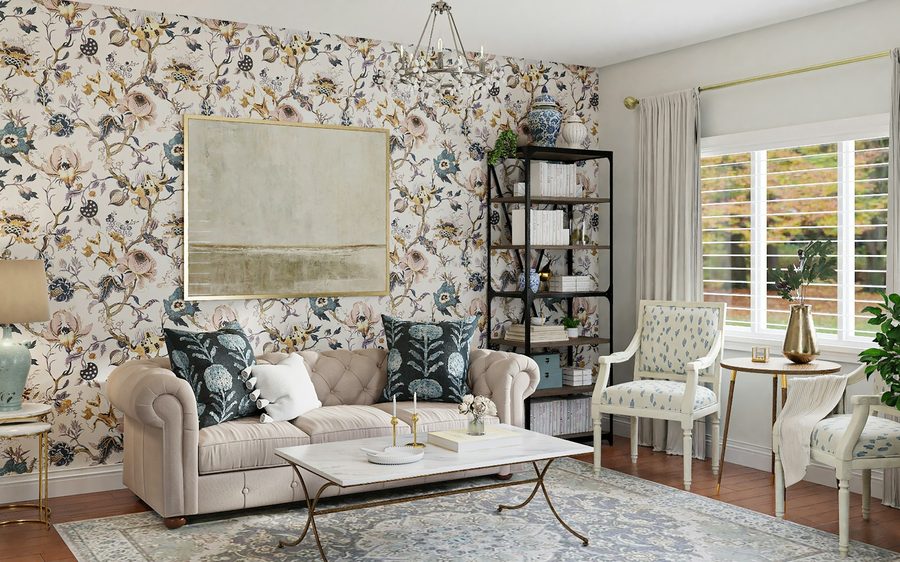 Living room with a classic floral feature wall, a cream linen sofa and open shelving