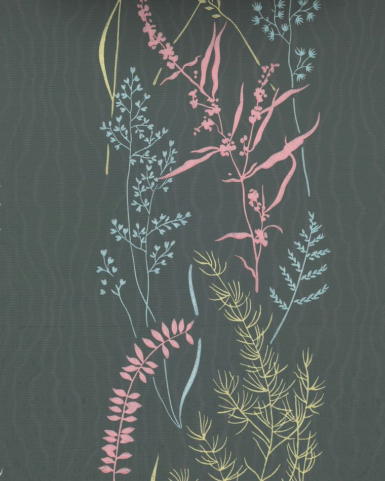 Bold statement wallpaper with a dramatic dark ground and delicate botanical linework